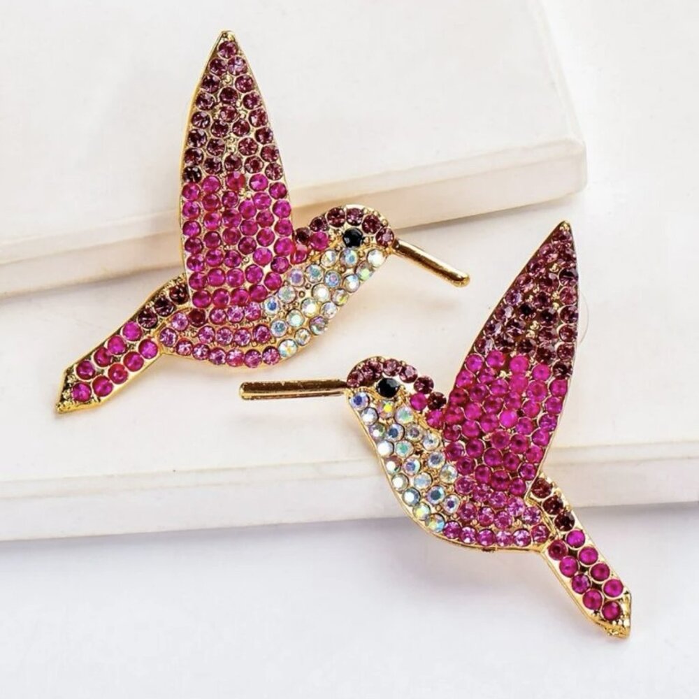 Hot Pink Cute Bird Shaped RhineStone earrings for women